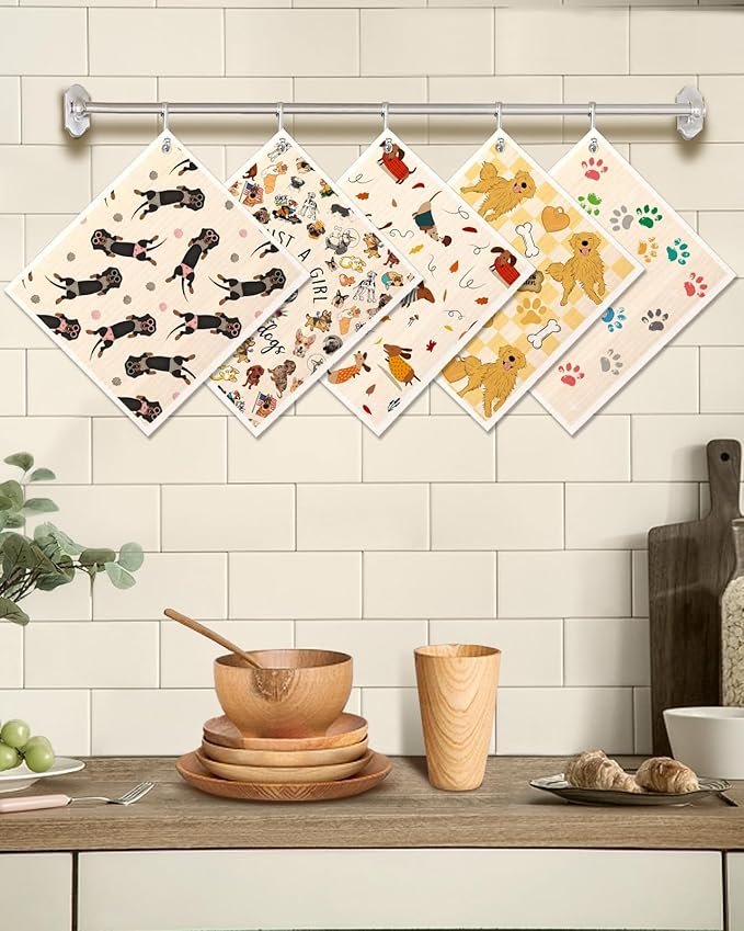 Swedish Dishcloths for Kitchen - 5 Pack Reusable Dish Cloths for Washing Dishes Absorbent Cute Funny Kitchen Towels Cleaning Sponge, Little Puppy