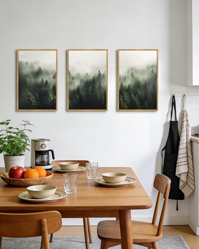 SHENIFY Green Fog Pine Tree Forest Canvas Wall Art Large 24x36in Framed Nature Modern Artwork Prints Decor - Natural Framed