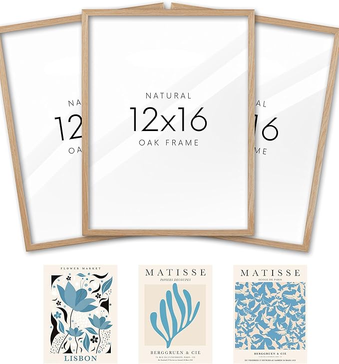 KensTro 12x16 Set of 3 Natural Oak Wood Picture Frame with 3 Blue Prints,12x16 Minimalist Natural Solid Wooden Picture Frames for 12"x16" Posters,Wall Art,Photos,Prints,Paintings