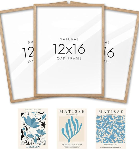 KensTro 12x16 Set of 3 Natural Oak Wood Picture Frame with 3 Blue Prints,12x16 Minimalist Natural Solid Wooden Picture Frames for 12"x16" Posters,Wall Art,Photos,Prints,Paintings