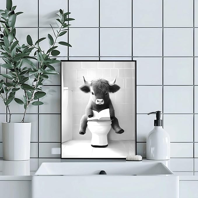 Western Cow Bathroom Decor Wall Art,Funny Highland Cow Wall Art in Restroom,Black and White Wall Decor,Highland Cow Canvas Art Prints,Rustic Retro Bathroom Wall Decor Humor Animals Artwork Prints,11x14inchx4pcs,Unframed
