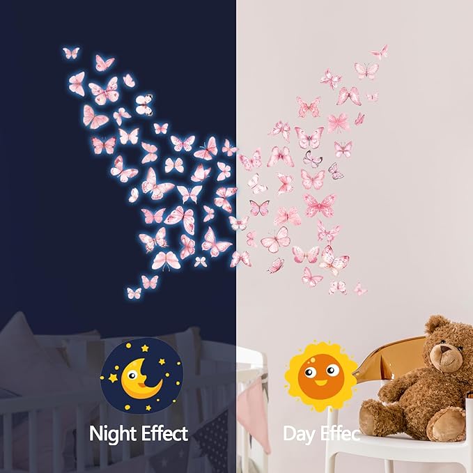 Glow in The Dark Pink Butterfly Wall Decals，Glowing Luminous Watercolor Butterfly Wall Stickers Removable self-Adhesive Butterfly Decals for Girls Bedroom Kids Baby Nursery Living Room Decor