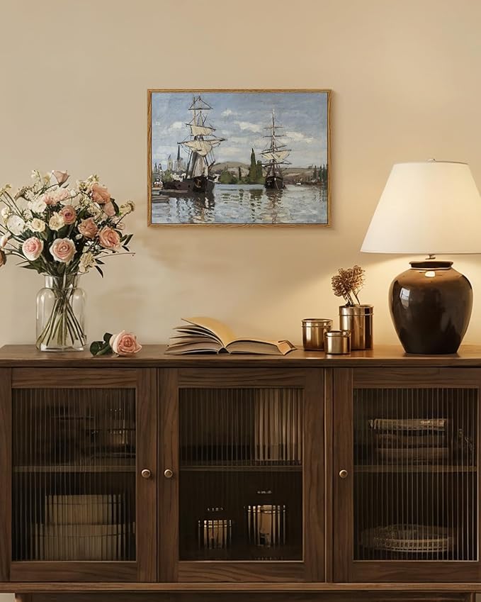 Vintage Framed Nautical Coastal Wall Art 12x16 Inch, Seascape Sailing Ship Canvas Print Boat Oil Painting, Classic Harbor Artwork Living Room Bedroom Office Bathroom Home Decor Gift
