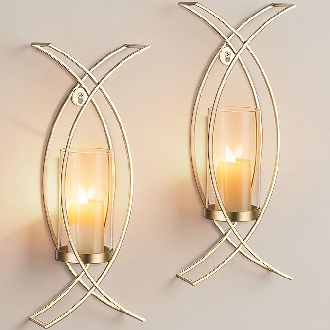 Candle Sconces Wall Decor Set of 2: Wall Hurricane Candle Holder Modern Metal Wall Mounted Gold Sconces Decorations for Living Room Bedroom Bathroom Hallway Outdoor