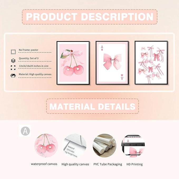 Trendy Pink Bows Posters Wall Art Set of 3, Vintage Preppy Cherry Picture Prints, Pink Girly Room Aesthetic Canvas Wall Decor Painting for College Apartment Living Room Bedroom 12x16 In Unframed