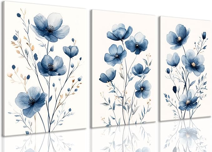 okudolit Navy Blue Wildflower Framed Canvas Wall Art Set Of 3 Flowers Pictures Prints Flowers Printing Floral Watercolors Flower wall Decor Living Room Bedroom Dinning Room Farmhouse Office-16 x24in