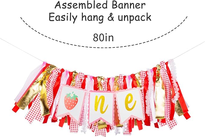 Strawberry Highchair Banner-1st Birthday Decoration,Sweet One Birthday Party Supplies for Girl Shower, Pink and Red Best Fairy Strawberry 1st Photo Props