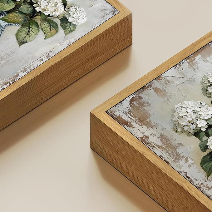 Vintage Chinoiserie Floral Canvas Wall Art White Hydrangea Wall Decor Print Farmhouse Still Life Painting Blue and White Porcelain Picture for home bedroom living room decoration 12x16in frame