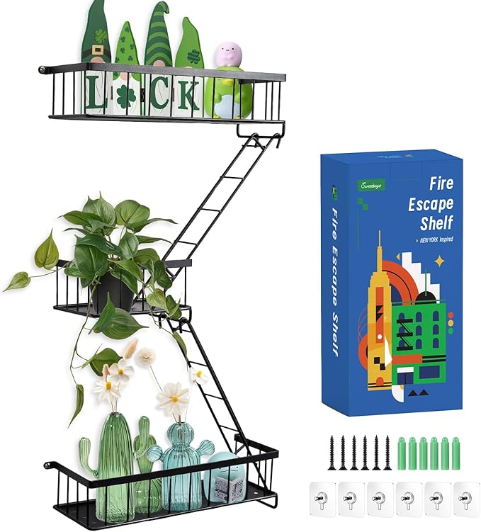 Fire Escape Wall Shelf, Modern City Corner Wall Decorative Action Figure Metal Display with Mini Shelf, Black 2.5 Tier
