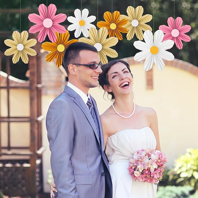 Containlol 12 Pcs Paper Flowers Decorations for Wall Sunflower Daisy Paper Fans Classroom Decoration 3D Floral Hanging Fans for Birthday Wedding Baby Shower Spring Decor(Multicolour,Hippie)