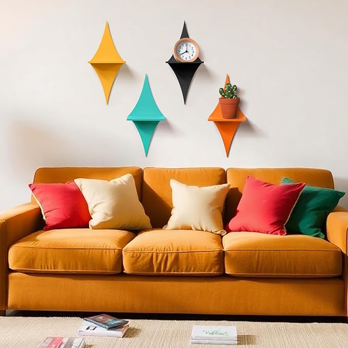 4 Pcs Mid Century Wall Decor Wooden Retro Celestial Star Shaped Burst Wall Art Mount Shelves for Aesthetic Hanging Storage Sign Decoration for Room Bedroom Party(Rhombus)