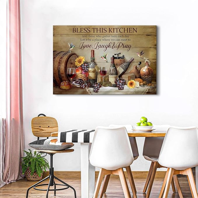 Bless This Kitchen Wall Art for Dining Room Picture Wall Decor, Vintage Farmhouse Fruit Wine Poster Canvas Prints Rustic Inspirational Quotes Painting Artwork for Living Room Home Decorations 32x48"