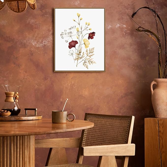 Watercolor Botanical Wall Art Prints Burgundy and Yellow Flower Pictures Wall Decor Colorful Floral Plants Painting Framed Aesthetic Poster for Home Office Kitchen Decoration 2 Pieces Set - 11x14 Inch