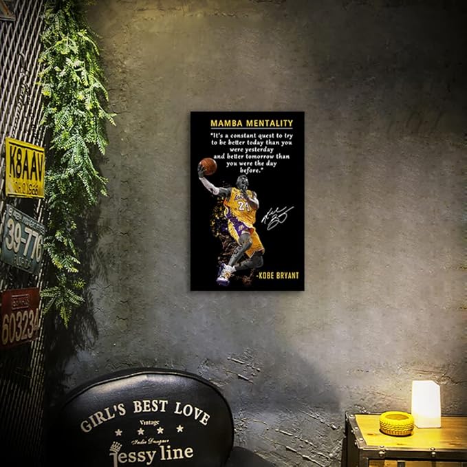Kobe Bryant Poster Canvas Wall Art • Mamba Mentality Quote Canvas Wall Art • Basketball Player Sports Home Decor • Motivational Artwork For Home,Office,Gym Wall Decor Framed Ready to Hang