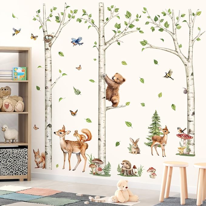 decalmile Large White Birch Tree Wall Decals Woodland Animals Bear Deer Rabbit Wall Stickers Living Room Baby Nursery Kids Room Wall Decor