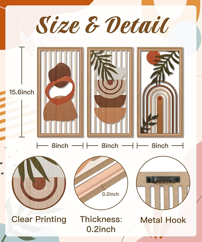 Putuo Decor Boho Wall Art Set of 3, Modern Minimalist Wooden Wall Decor, Abstract Aesthetic Room Decorations, Mid-Century Modern Artwork for Living Room, Bedroom, Office Orange 16.5 x 8.6 inch