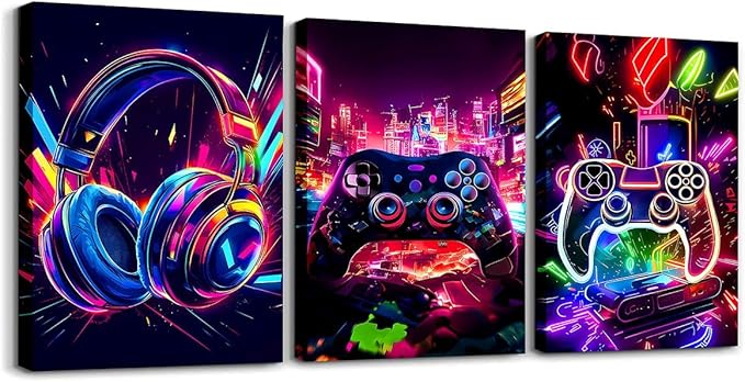 Feelyou Gamer Canvas Wall Art for Living Room - 12" x 16" 3 Piece Game Controller Picture - Gaming Gifts Bathroom Decor - Gamepad Office Decorations Artwork Posters - Purple Painting