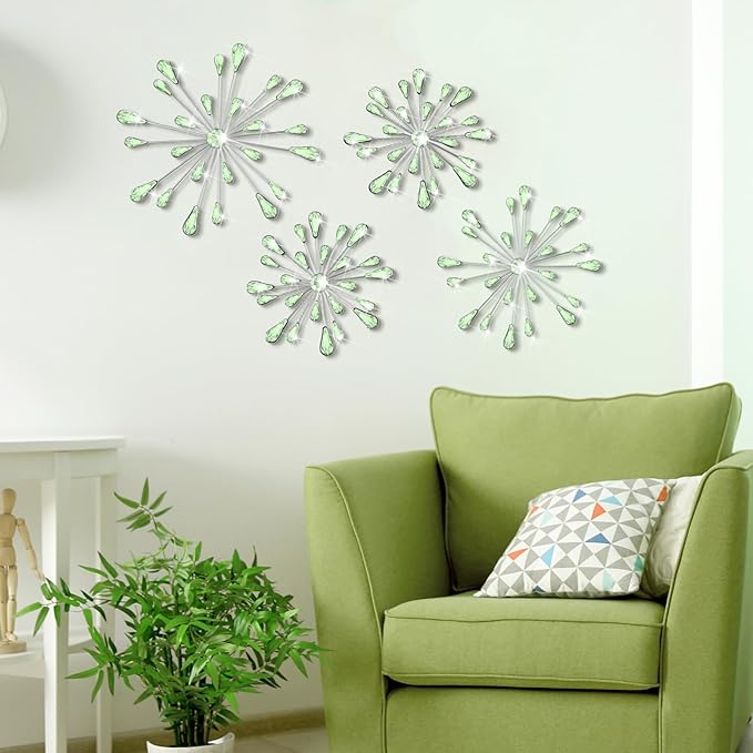 Hicarer 4 Pcs Starburst Wall Decor Bling Wall Art Crystal Teardrop 3D Hanging Rhinestone Radial Metal Artwork Modern Accent Sculptures Decorations for Living Room Home Office Bedroom(Green)