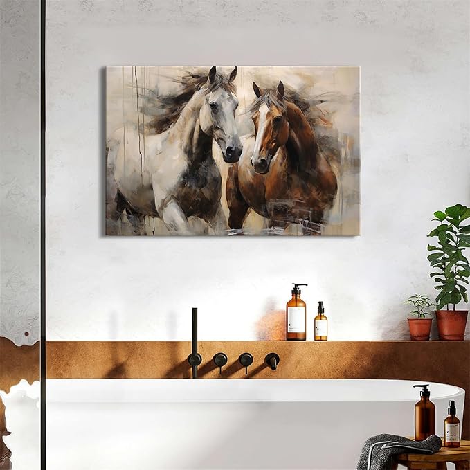 Vintage Horse Pictures Wall Decor Western Farmhouse Canvas Prints Running Horse Art Wall Decor Retro White Brown Horses Paintings Artwork for Living Room Bedroom Office Home Decorations 24x36"