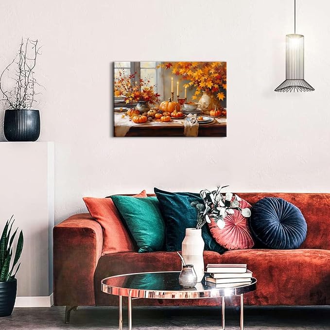 Farmhouse Kitchen Decor Pumpkin Wall Decor Maple Leaves Painting Orange Pumpkin Canvas Prints Rustic Fall Harvest Themed Pictures Still Life Artwork for Bedroom Dining Room Home Decoration 16x24"