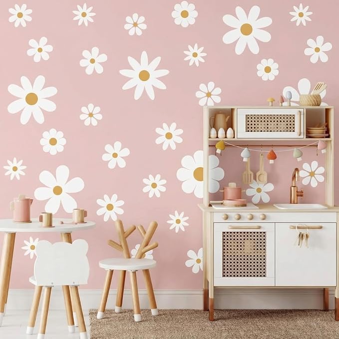 TaoBary 12 Sheet Daisy Wall Sticker Decal Removable Cute Daisy Bedroom Room Decor Flower Wall Sticker Pink White Flower Decal Wallpaper Peel and Stick for Nursery Home(White, Yellow,Classic Style)