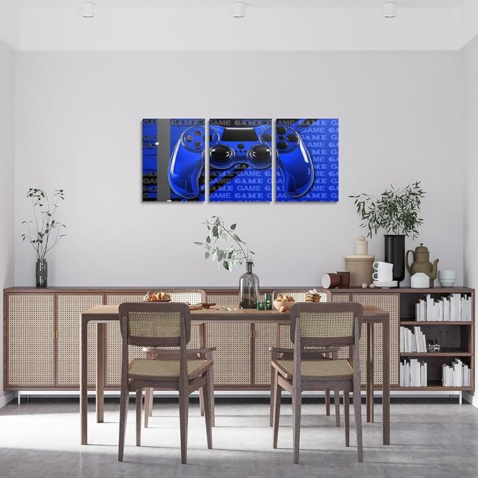 Feelyou Gamer Canvas Wall Art 12" x 16" 3 Piece Game Controller Office Wall Artwork Posters for Teens Adults Gaming Gifts Bathroom Wall Art for Home Gamepad Blue and Black Wall Painting
