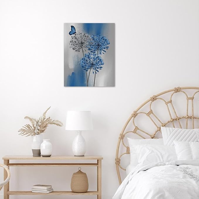 LB Blue Dandelion Wall Art Blue Grey Dandelion with Butterfly Canvas Wall Art Modern Abstract Wall Art Decor for Living Room Bedroom Bathroom Office Framed Ready to Hang 16L x 12W