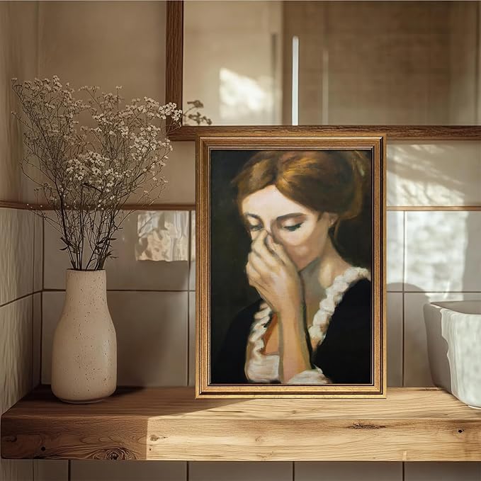 Aroutde Framed Funny Bathroom Canvas Wall Art, Gold Framed Toilet Paint Classical Mid Century Style Wall Decor Humorous Woman Covering Nose Printing for Restroom (24L''x16W'')
