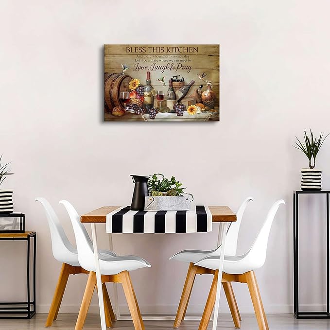 Rustic Kitchen Wall Art Farmhouse Dining Room Decor Wine Wineglass Wall Decor Positive Quotes Picture Canvas Prints Bless This Kitchen Poster Inspirational Painting Artwork Home Decoration 16x24"
