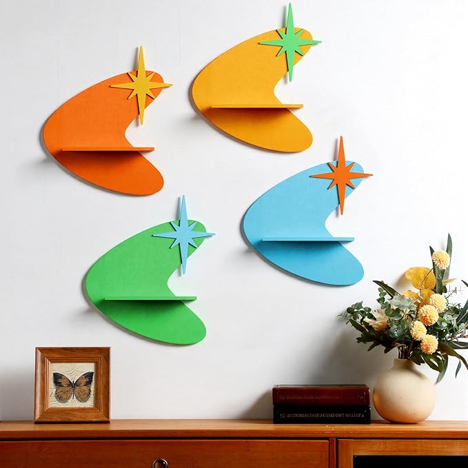4 Pcs Mid Century Wall Decor Wooden Retro Celestial Star Shaped Burst Wall Art Mount Shelves for Aesthetic Hanging Storage Sign Decoration for Room Bedroom Party(Star-Shaped Burst)