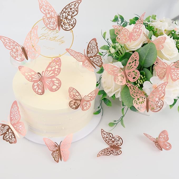 72 Pcs Butterfly Wall Decor - 3 Styles, 3 Sizes, 3D Butterflies in Rose Gold - Wedding & Birthday Party Decorations for Girls' Bedroom
