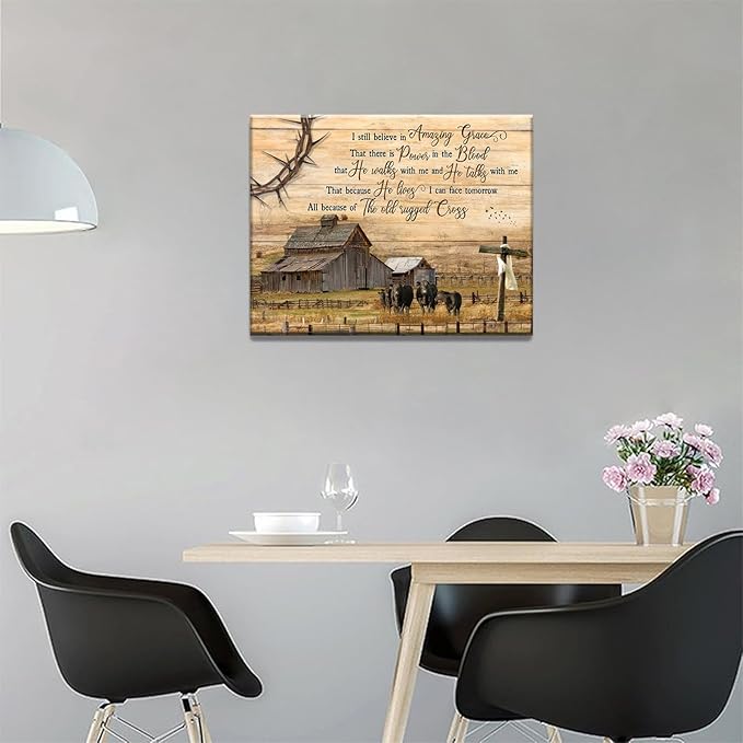Vintage Farmhouse Wall Art Old Barn Wall Decor Cross Canvas Christian Inspirational Quotes Painting Pictures I Still Believe in Amazing Grace Poster Print for Living Room Bedroom (24x16in Canvas)