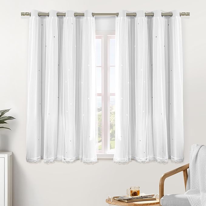 XiDi White Curtains with Sheer Overlay for Girls Bedroom 2 Panels Blackout Double Layer Curtains 54 Inches Length for Kids Princess Nursery Room Star Cut Out Grommet Small Window Drapes W34 X L54