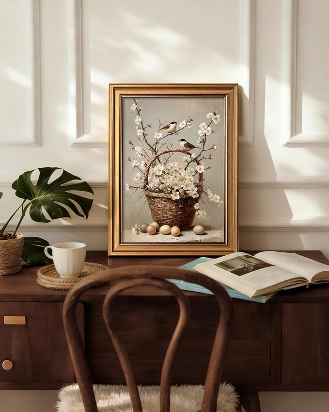 HUARCEY Gold Framed Canvas Wall Art, Bird Flower Basket Vintage Decor, Paintings Farmhouse Wall Decor, Retro Table Desk Decoration Bathroom Bedroom Living Room, 12x16Inch