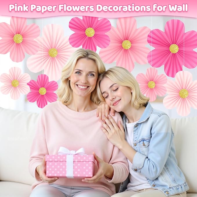 Pink Paper Flowers Decorations for Wall Hot Pink Birthday Decorations 9pcs with 9 Gold Glitter Floral Centers Paper Fans Floral Backdrop Flower Wall Decor for Classroom Wedding Baby Shower,Paper Guide