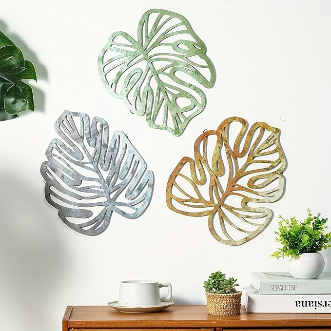Palm Leaves Wood Wall Decor , 3Pcs Tropical Wall Art Jungle Decor, Wooden Natural Leaves Plant Wall Decor, Vintage Tropical Plant Plaque for Home Living Room Kitchen Bedroom Bathroom & Garden, Yellow&Blue&Green