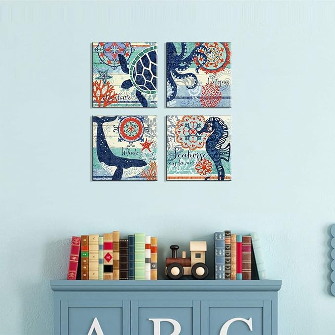 Navy Blue and Orange Ocean Animal Wall Art Toddler Kids Bathroom Beach Themed Decor Cartoon Sea Turtle Octopus Whale Seahorse Canvas Mural Nautical Coastal Pictures Nursery Home Decorations 12x12" 4P