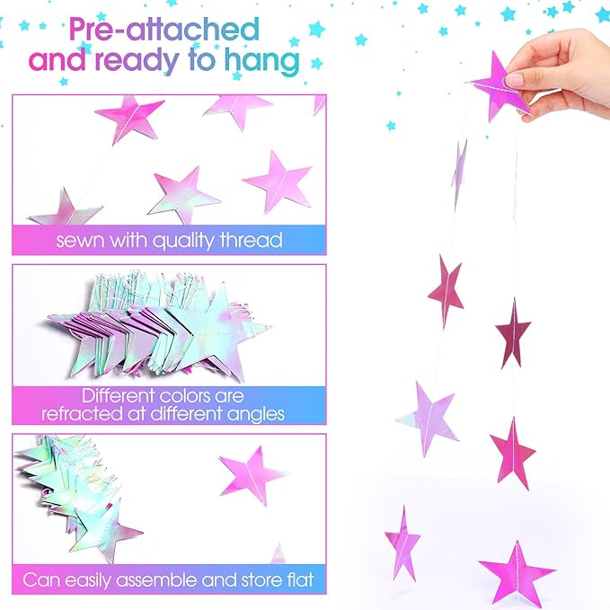 Patelai Glitter Star Garland Banner 2026 Graduation Decor 130 Feet Star Hanging Banner Twinkle Backdrop for Party Birthday Classroom Wedding Supplies(Iridescent Purple)