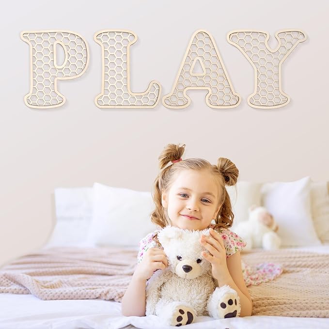 Play Sign - 12 In Wooden Rattan Letters Playroom Sign, Playroom Wall Decor for Toddler Girls Boys, Play Room Wall Decor for Kids Playroom Nursery Room Decorations