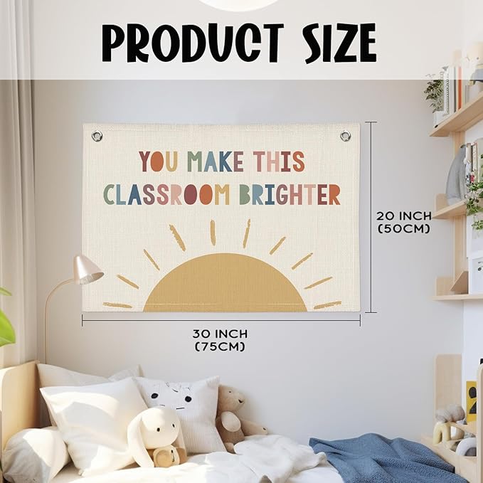 Boho Classroom Canvas Banner, Neutral Classroom Must Haves Wall Decor, Welcome Sign Back To School Linen Banner Flag Decor for School 20x30