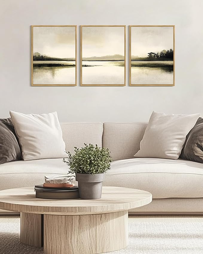 Drsoum Vintage Black Gray Abstract Laker Landscape Wall Art Framed Brown Tan Neutral Prints Minimalist Modern Rustic Artwork Bedroom Living Room Ready to Hang 12x16in Natural Framed