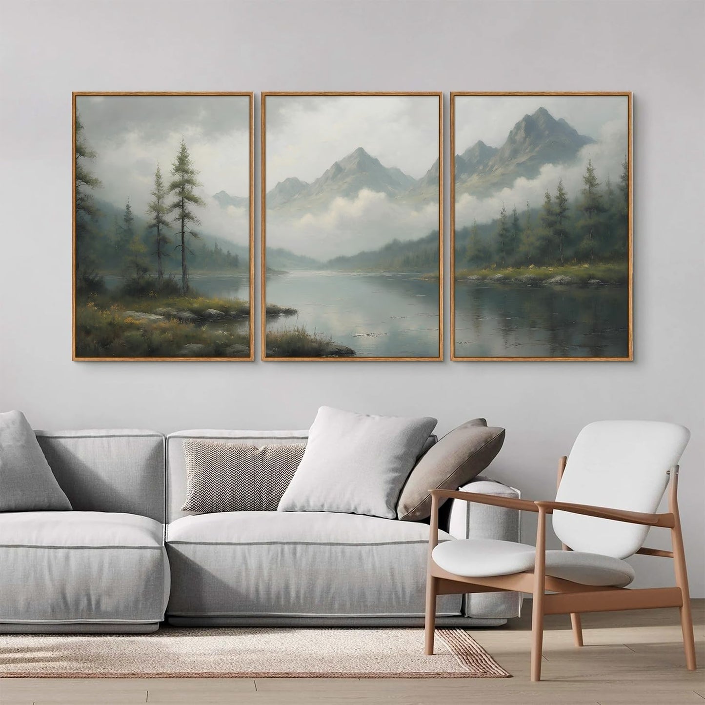 SIGNINART Large Misty Mountain Framed Canvas Wall Art, Green Forest River Scenery Wall Decor, Modern Foggy Wooden Landscape Artwork, Oil Style Nature Art Print for Living Room Bedroom Office 24"x36"x3
