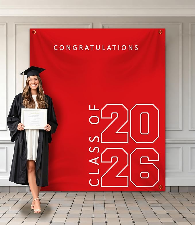 Class of 2026 Graduation Banner 5X6feet - Large CONGRATS GRAD Polyester Banner, Photo Backdrop & Wall Decor for Commencement Party Supplies, Red and White Graduation Party Decorations for High School & College