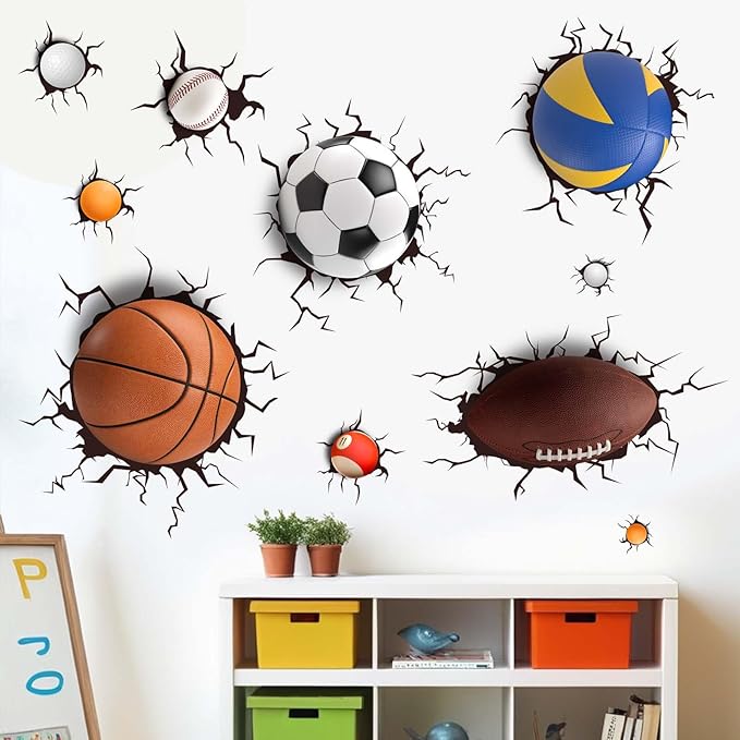 Basketball Football Through The Wall Sports Wall Decals - Kids Baby Boys Wall Stickers - Nursery Playroom Classroom Daycare Game Room Bedroom Home Wall Decor, Large