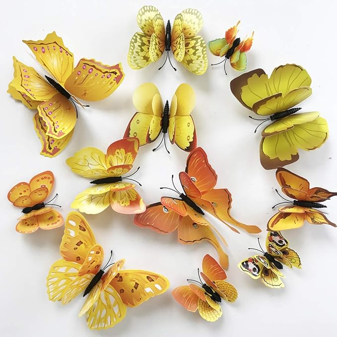 24pcs 3D Colorful Butterfly Wall Stickers DIY Art Decor Crafts for Party Nursery Classroom Offices Kids Girl Boy Baby Bedroom Bathroom Living Room Magnets and Glue Sticker Set (Yellow-Double Wing)