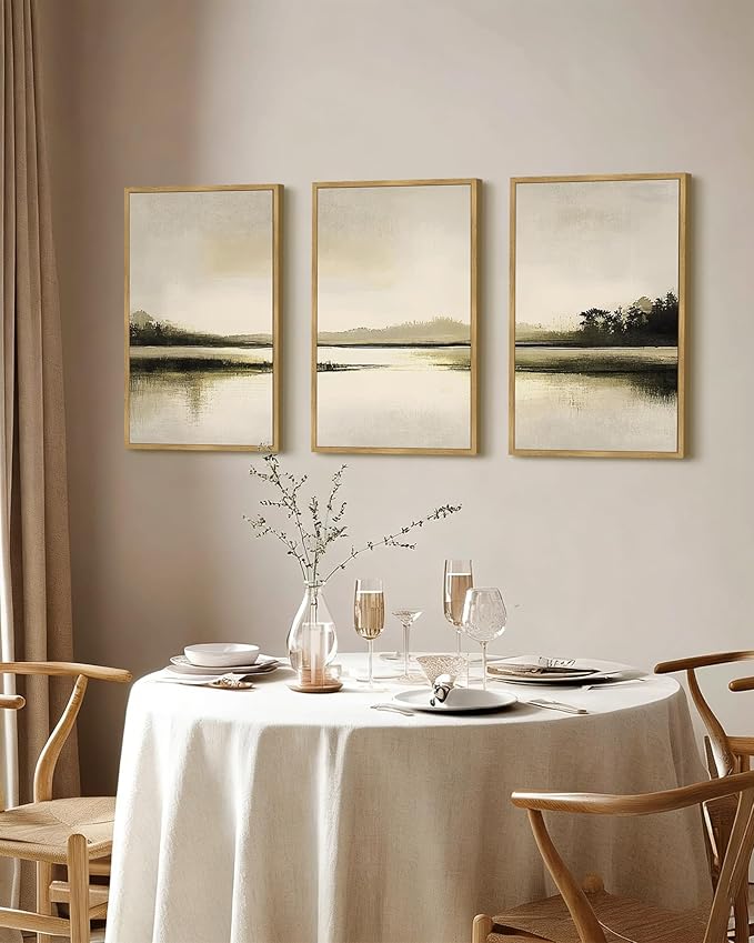 Drsoum Vintage Black Gray Abstract Laker Landscape Wall Art Framed Brown Tan Neutral Prints Minimalist Modern Rustic Artwork Bedroom Living Room Ready to Hang 16x24in Natural Framed