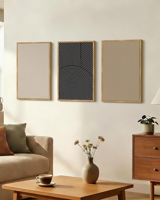 Drsoum Minimalist Boho Wall Art Framed Modern Abstract Neutral Line Wall Decor Mid Century Geometric Artwork Bedroom Living Room 16x24in Natural Framed
