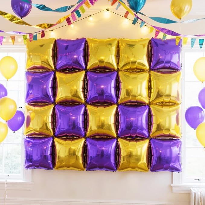 NISOCY 25PCS Purple Gold Square Foil Balloons Wall Backdrop Double Sided Gold Purple Balloons Arch Kit for Birthday Anniversary Graduation Prom Engagement Baby Bridal Shower Party Decorations