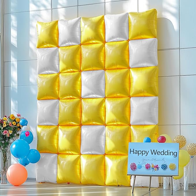 NISOCY 25PCS Yellow White Square Foil Balloons Wall Backdrop Double Sided Yellow Pearl White Balloons Arch Kit for Birthday Wedding Anniversary Baby Bridal Shower Party Decorations