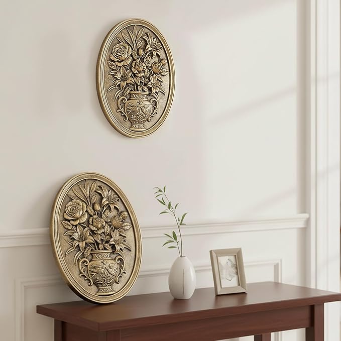Vintage Flower Wall Sculpture 2 Pack ,Antique Wall Decor,Vintage Floral Wall Art, Hand Painted Wall Decoration with Embossed Flowers Design, Gold Wall Decor for Living Room Bedroom Dining Room, Housewarminng Gifts (Gold Flowers)